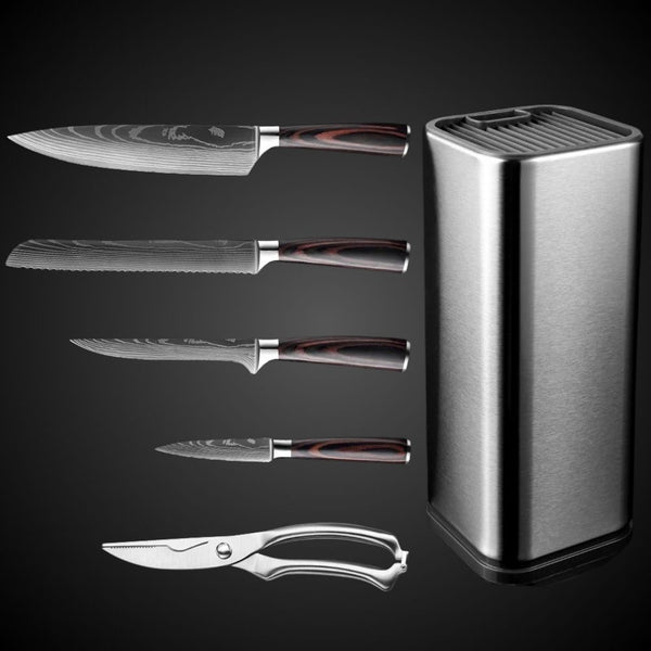 Kit de 4 Facas Aço Damasco + Tesoura e Faqueiro de Brinde - Swan Kitchen
