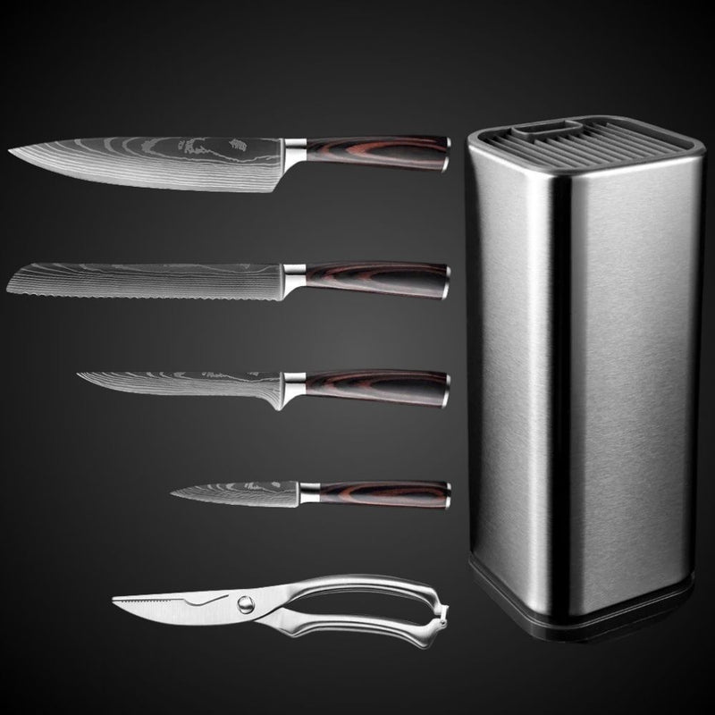 Kit de 4 Facas Aço Damasco + Tesoura e Faqueiro de Brinde - Swan Kitchen